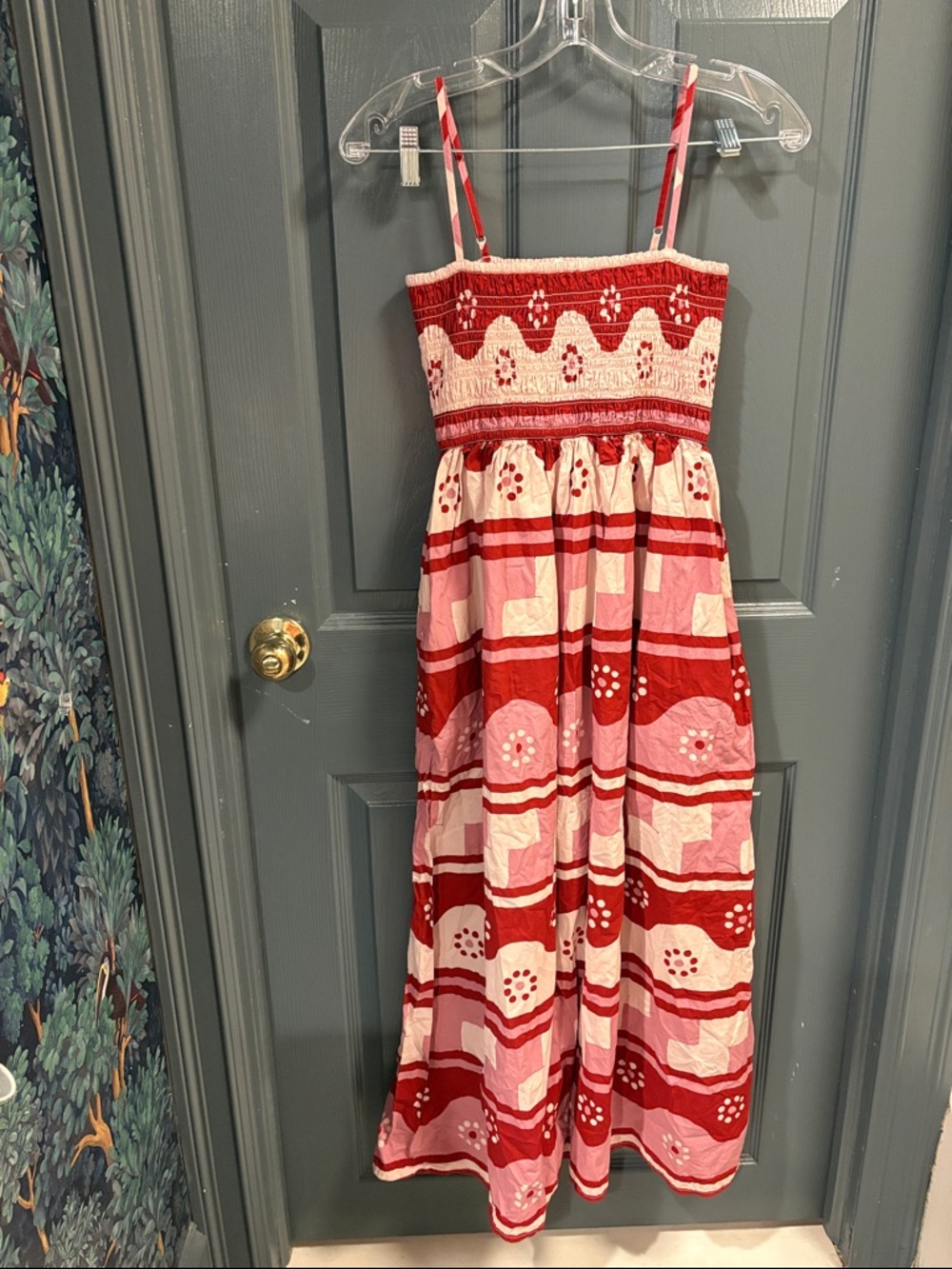 Madewell Red and Pink Floral Stripe Smocked Maxi Dress-size xs